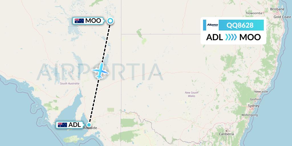 QQ8628 Alliance Airlines Flight Map: Adelaide to Moomba