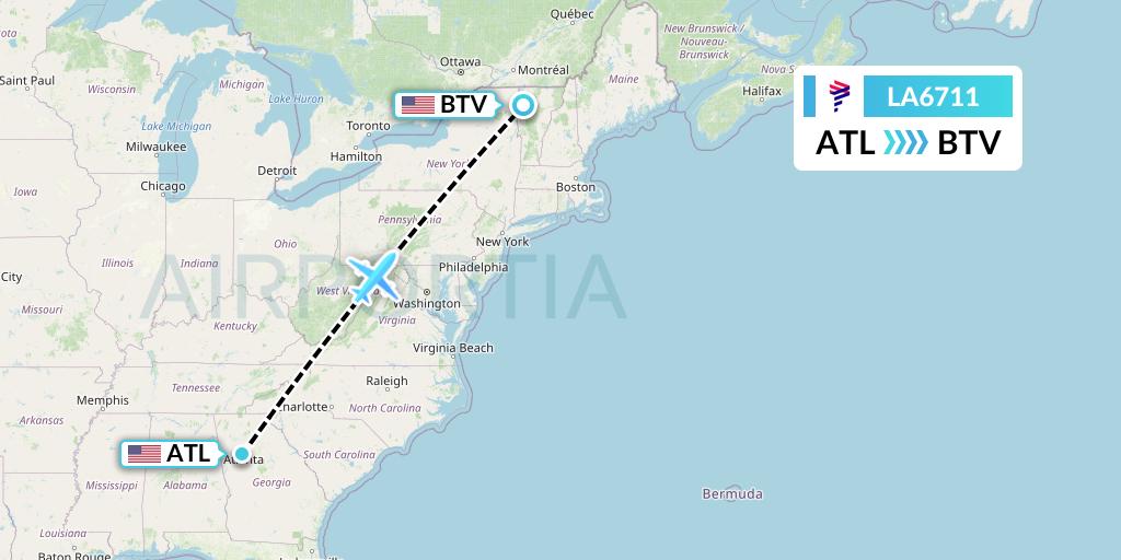 LA6711 LAN Airlines Flight Map: Atlanta to Burlington