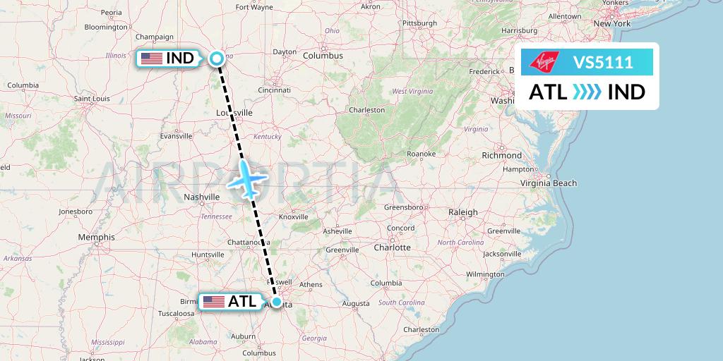 VS5111 Virgin Atlantic Airways Flight Map: Atlanta to Indianapolis