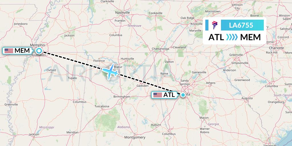 LA6755 LAN Airlines Flight Map: Atlanta to Memphis