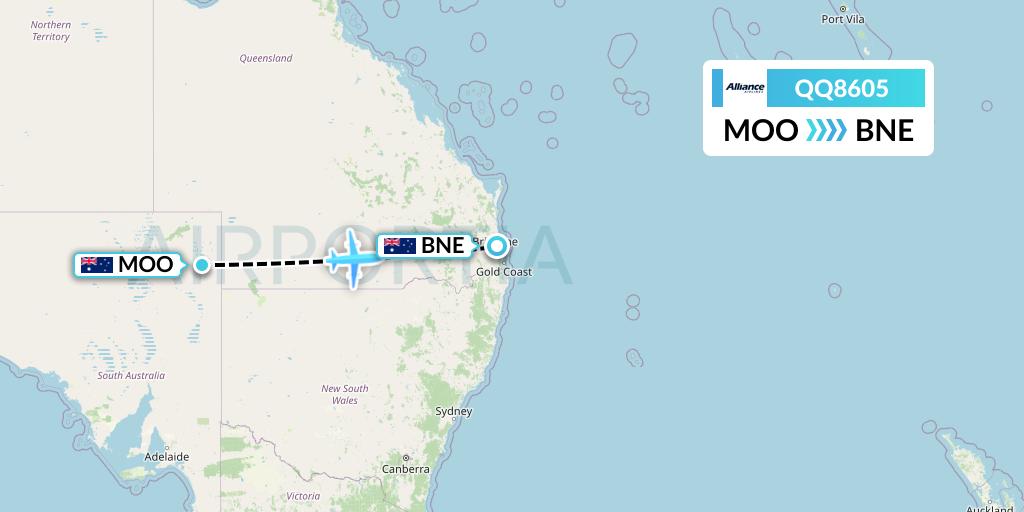 QQ8605 Alliance Airlines Flight Map: Moomba to Brisbane