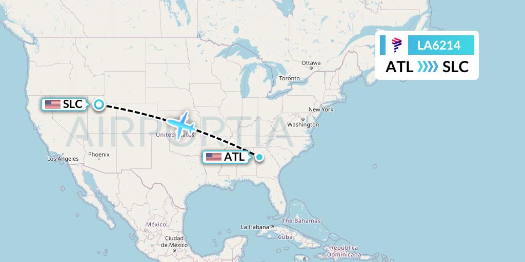 LA6214 LAN Airlines Flight Map: Atlanta to Salt Lake City