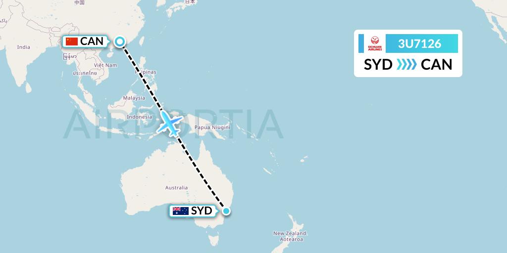 3U7126 Sichuan Airlines Flight Map: Sydney to Guangzhou