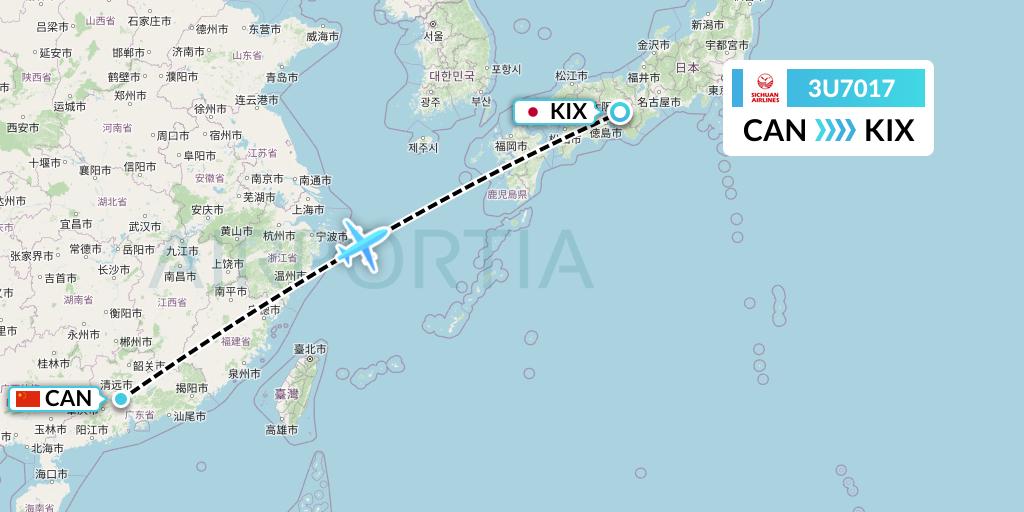 3U7017 Sichuan Airlines Flight Map: Guangzhou to Osaka