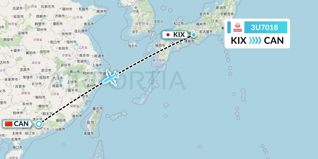3U7018 Sichuan Airlines Flight Map: Osaka to Guangzhou