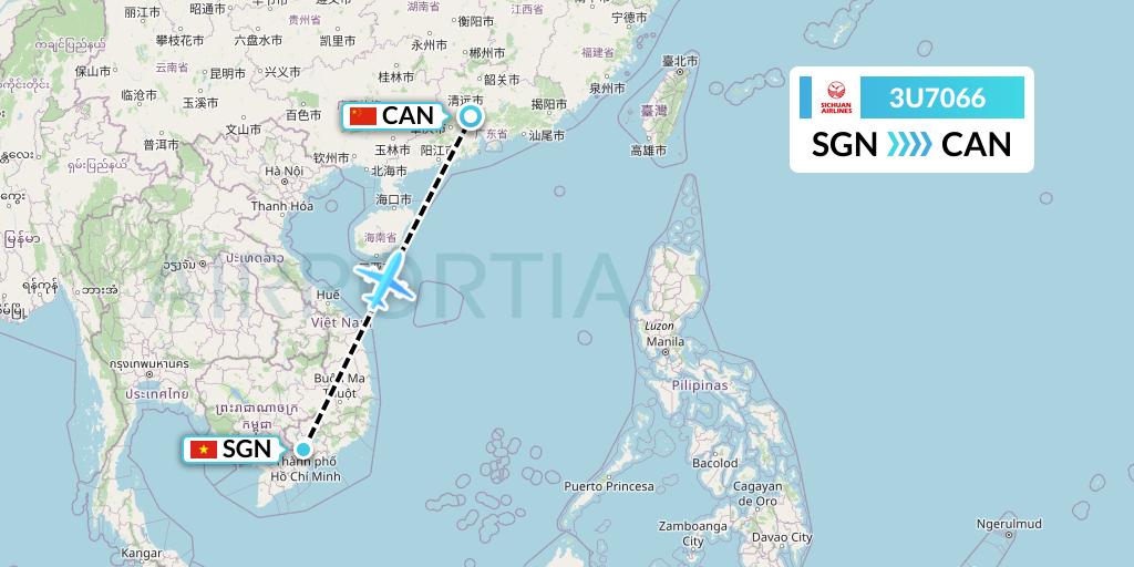 3U7066 Sichuan Airlines Flight Map: Ho Chi Minh City to Guangzhou