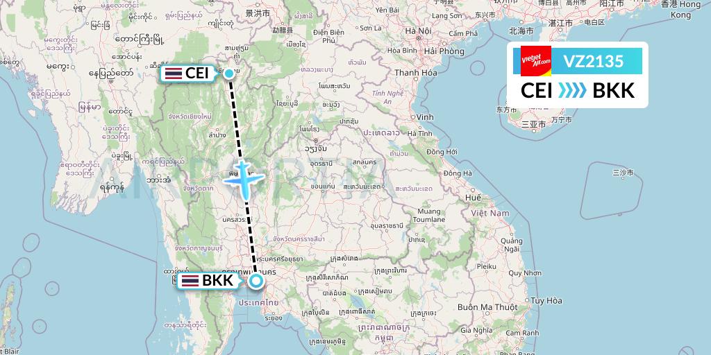 VZ2135 Thai Vietjet Air Flight Map: Chiang Rai to Bangkok