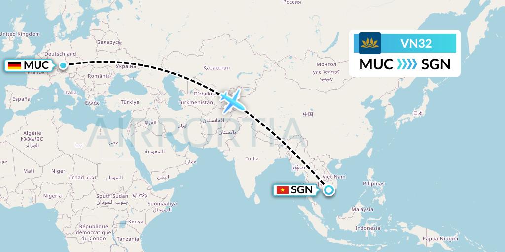 VN32 Vietnam Airlines Flight Map: Munich to Ho Chi Minh City