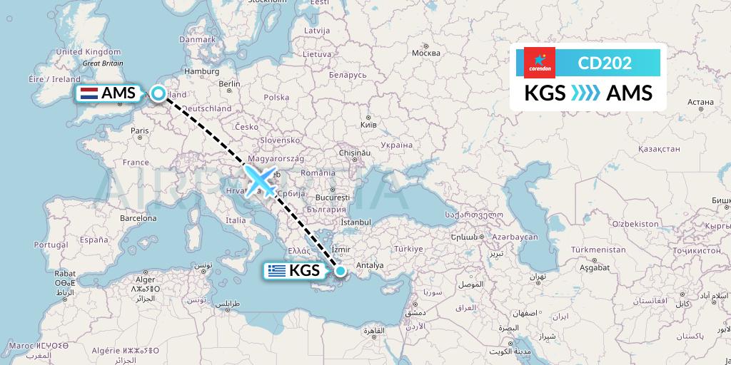 CD202 Dutch Corendon Airlines Flight Map: Kos to Amsterdam