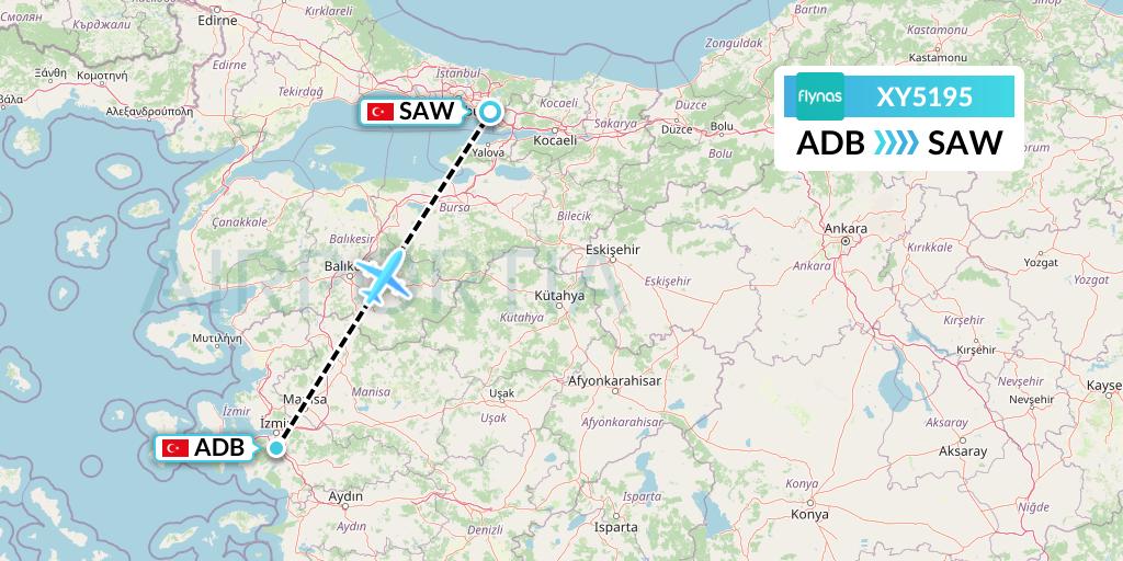XY5195 flynas Flight Map: Izmir to Istanbul