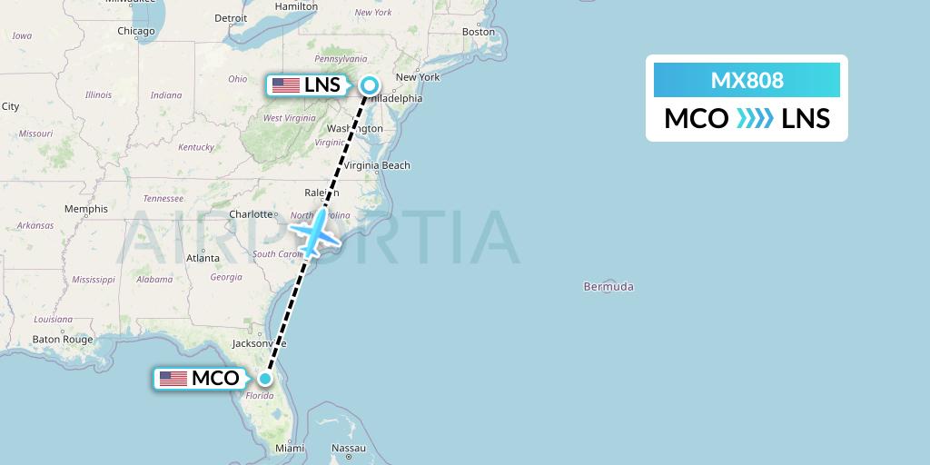 MX808 Breeze Airways Flight Map: Orlando to Lancaster