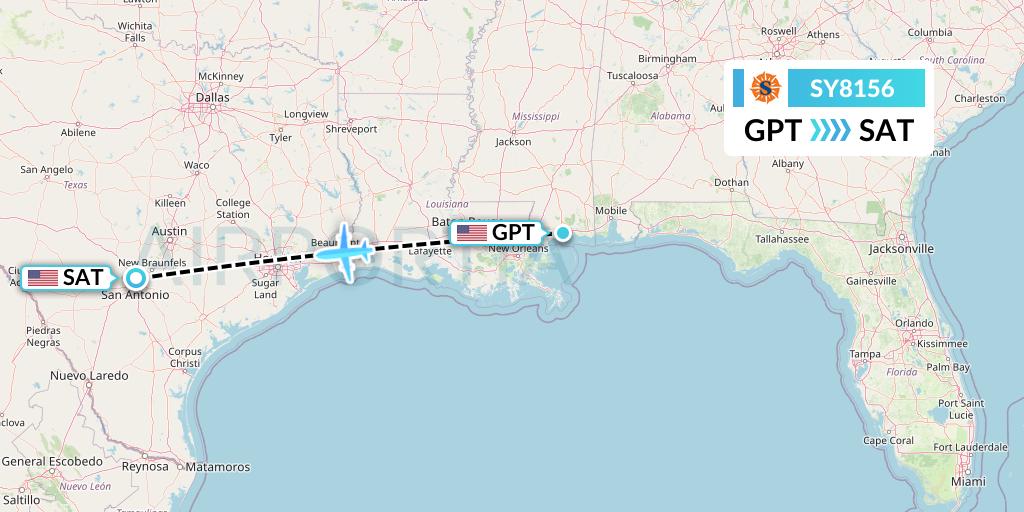 SY8156 Sun Country Airlines Flight Map: Gulfport to San Antonio