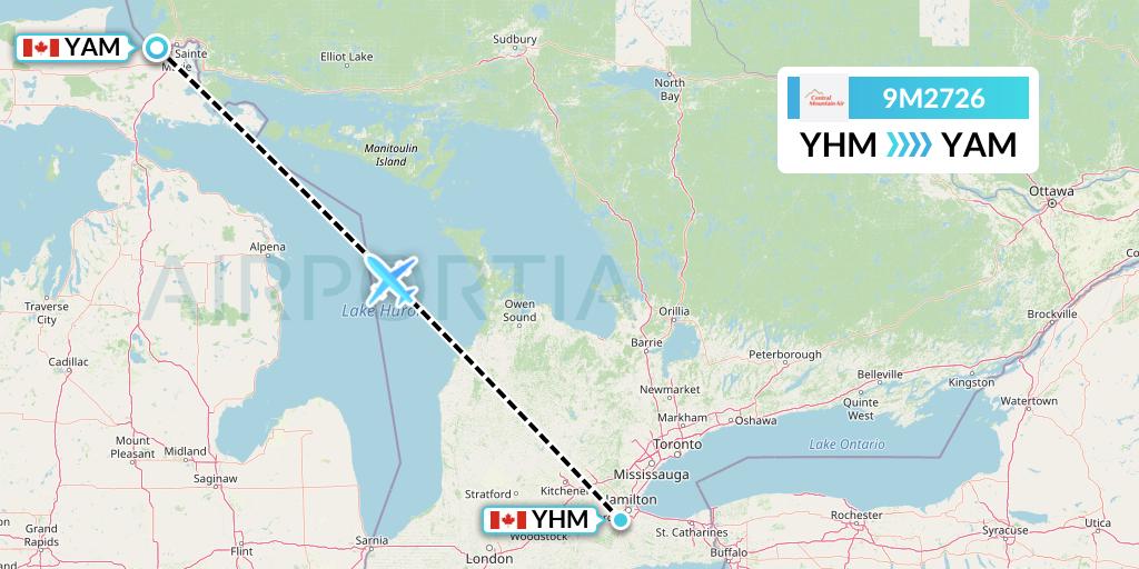 9M2726 Central Mountain Air Flight Map: Hamilton to Sault Ste. Marie