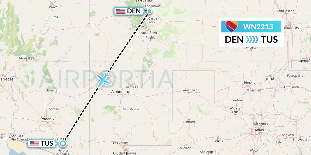 WN2213 Southwest Airlines Flight Map: Denver to Tucson