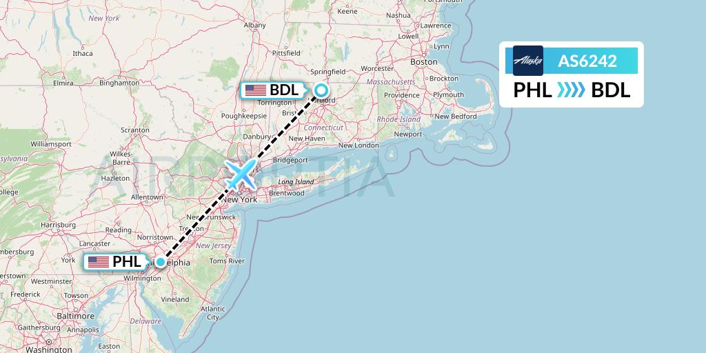 AS6242 Alaska Airlines Flight Map: Philadelphia to Windsor Locks