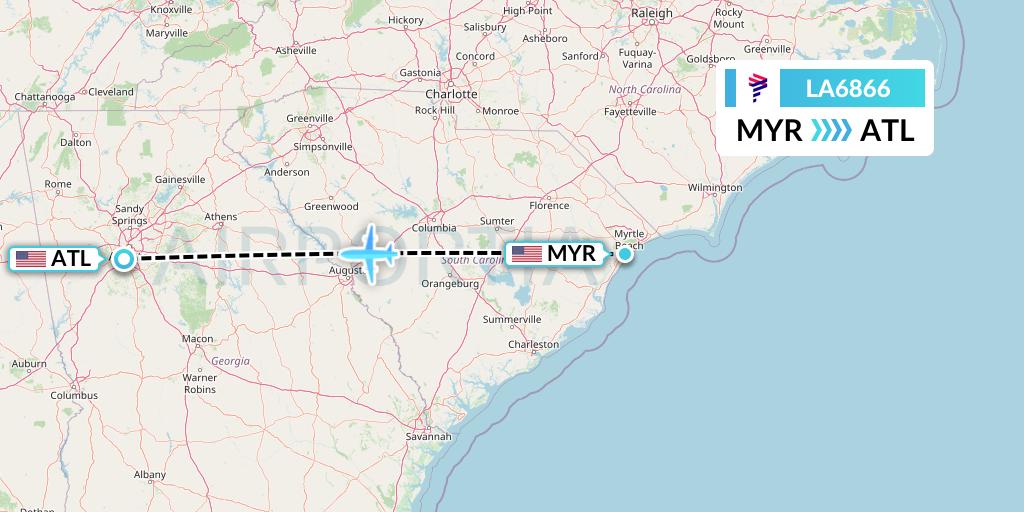 LA6866 LAN Airlines Flight Map: Myrtle Beach to Atlanta
