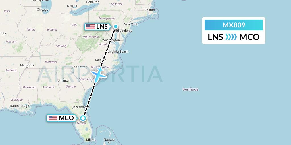 MX809 Breeze Airways Flight Map: Lancaster to Orlando