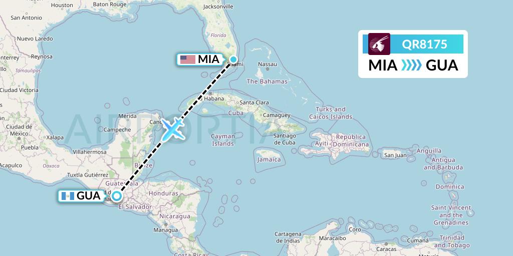 QR8175 Qatar Airways Flight Map: Miami to Guatemala City
