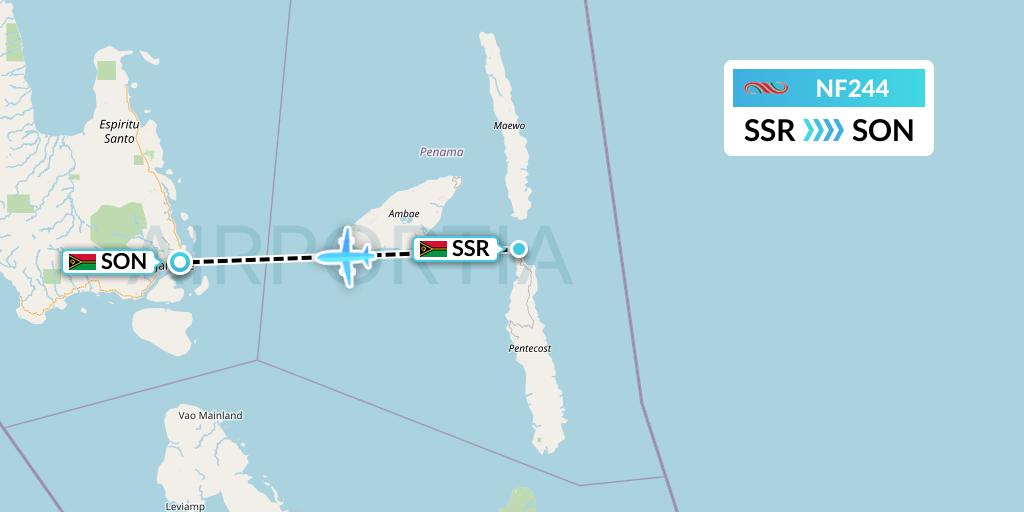 NF244 Air Vanuatu Flight Map: Pentecost Island to Luganville
