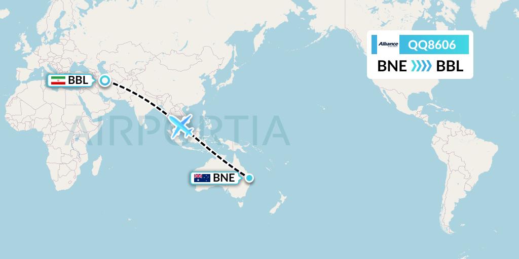 QQ8606 Alliance Airlines Flight Map: Brisbane to Babolsar