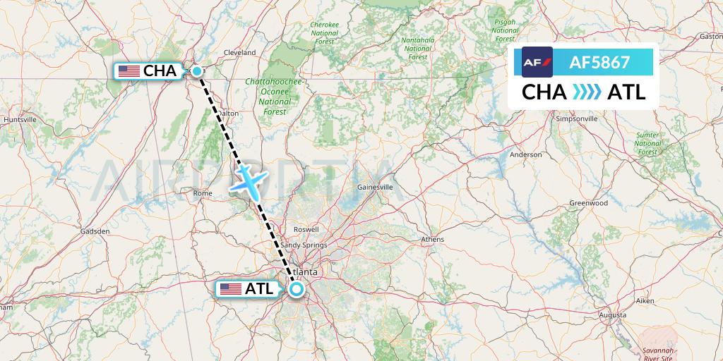 AF5867 Air France Flight Map: Chattanooga to Atlanta