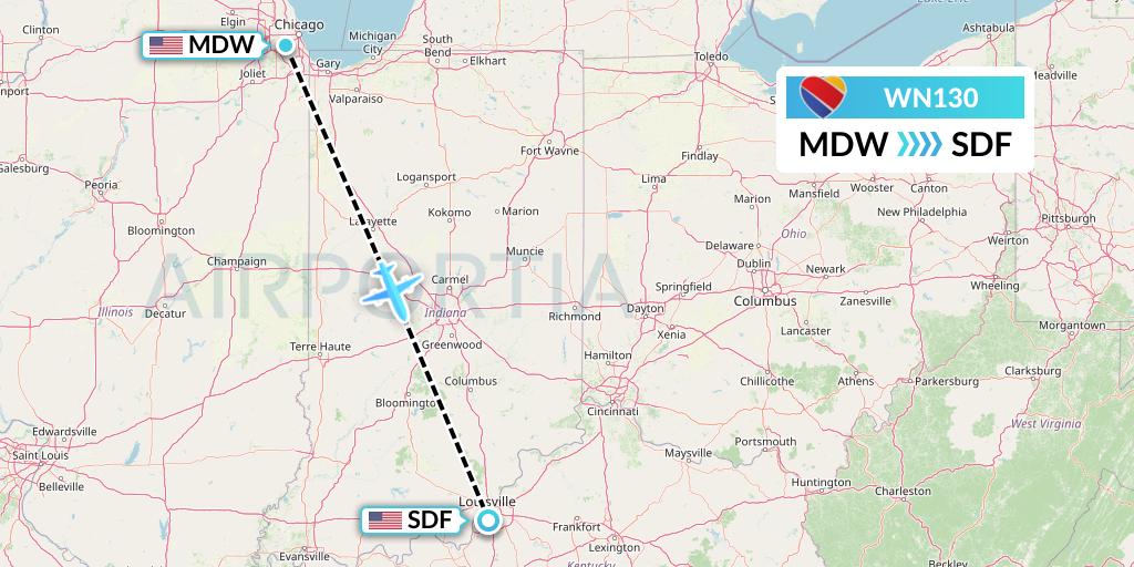 WN130 Southwest Airlines Flight Map: Chicago to Louisville