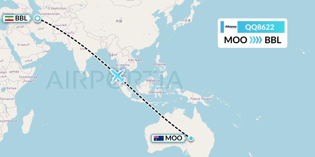 QQ8622 Alliance Airlines Flight Map: Moomba to Babolsar