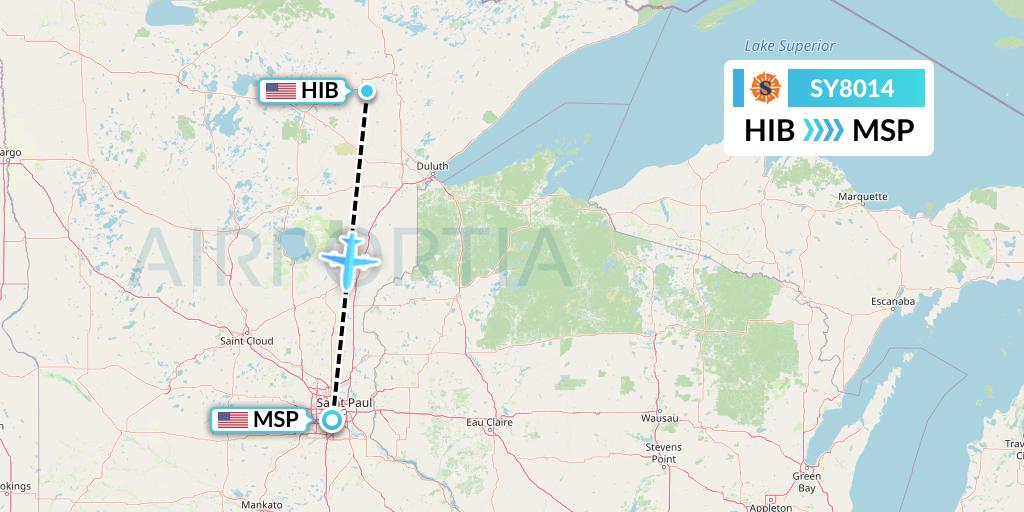 SY8014 Sun Country Airlines Flight Map: Hibbing to Minneapolis