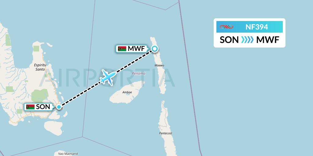 NF394 Air Vanuatu Flight Map: Luganville to Maewo Island