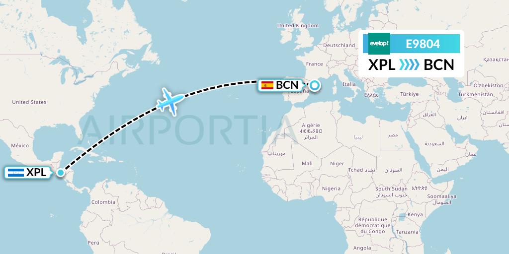 E9804 Evelop Airlines Flight Map: Comayagua to Barcelona