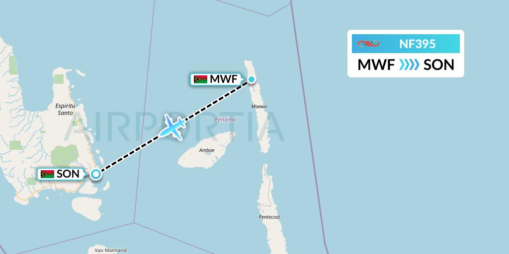 NF395 Air Vanuatu Flight Map: Maewo Island to Luganville