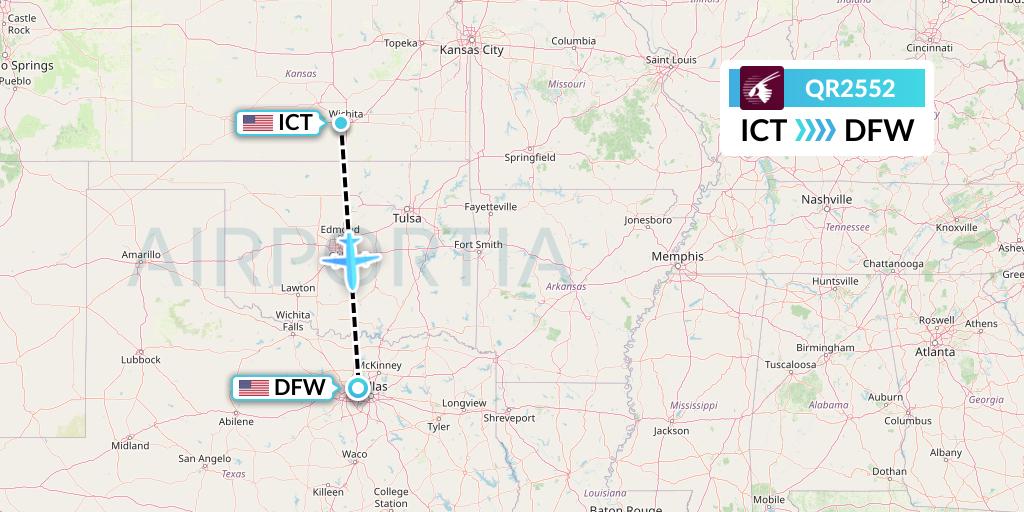 QR2552 Qatar Airways Flight Map: Wichita to Dallas