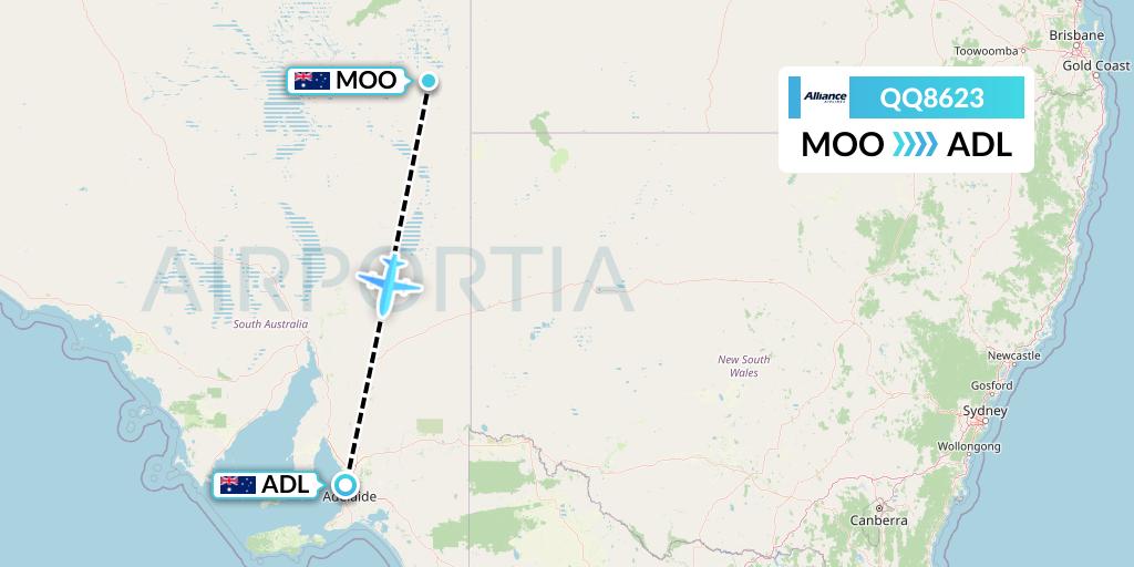 QQ8623 Alliance Airlines Flight Map: Moomba to Adelaide