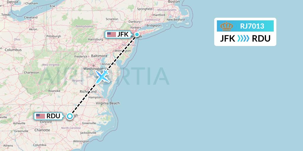 RJ7013 Royal Jordanian Flight Map: New York to Raleigh-Durham