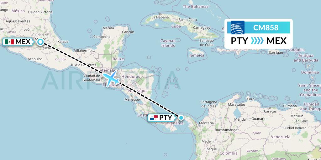 CM858 Copa Airlines Flight Map: Panama City to Mexico City