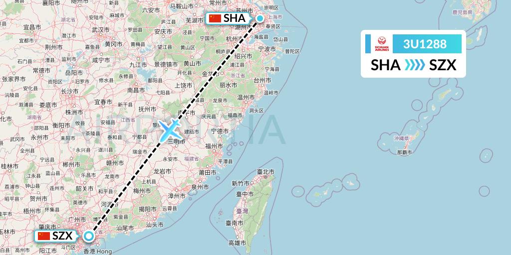 3U1288 Sichuan Airlines Flight Map: Shanghai to Shenzhen