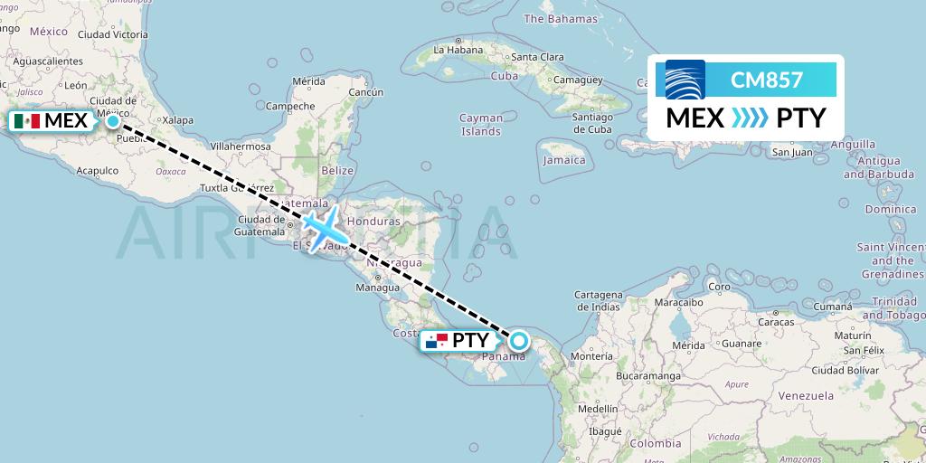 CM857 Copa Airlines Flight Map: Mexico City to Panama City