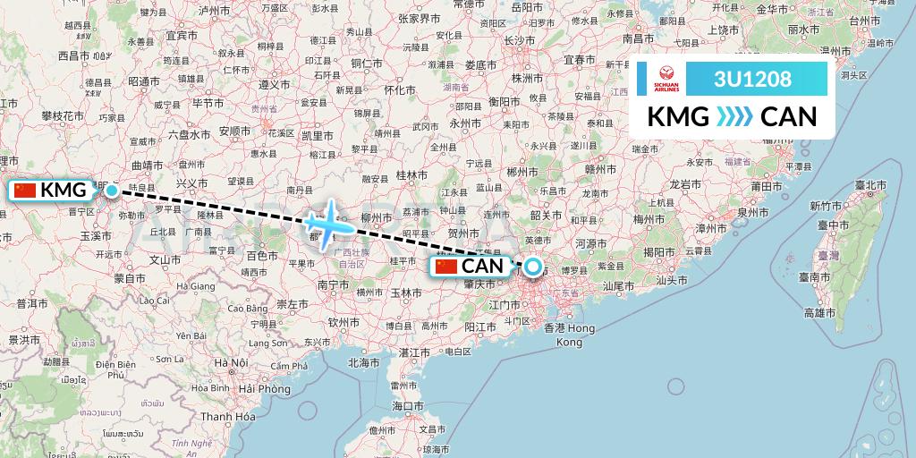 3U1208 Sichuan Airlines Flight Map: Kunming to Guangzhou