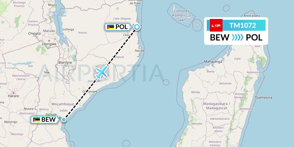 TM1072 LAM Mozambique Airlines Flight Map: Beira to Pemba