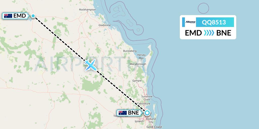 QQ8513 Alliance Airlines Flight Map: Emerald to Brisbane