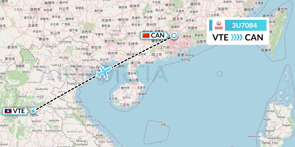 3U7084 Sichuan Airlines Flight Map: Vientiane to Guangzhou