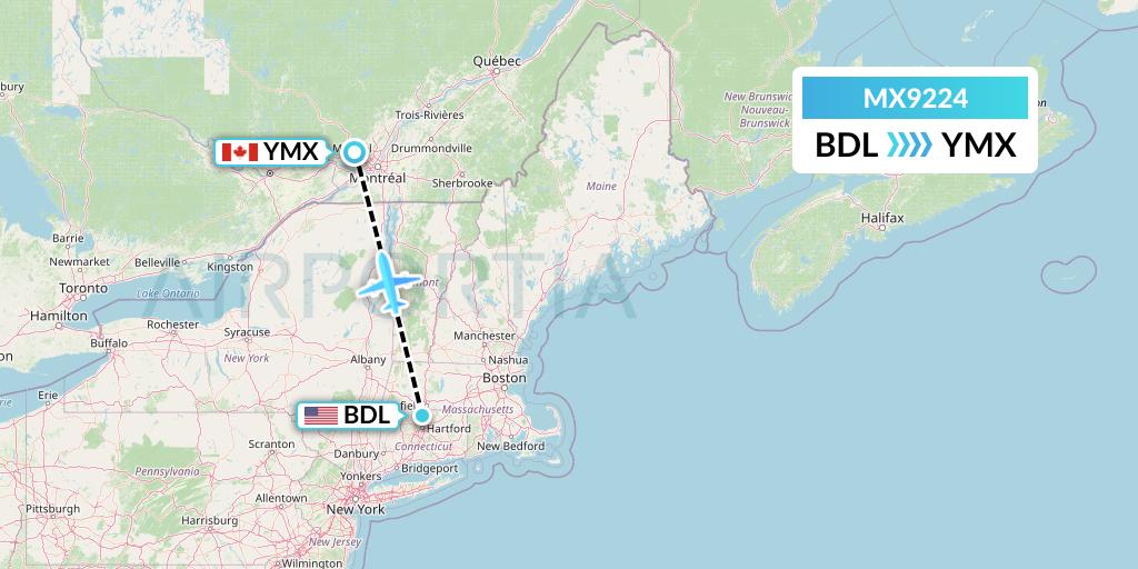 MX9224 Breeze Airways Flight Map: Windsor Locks to Montreal
