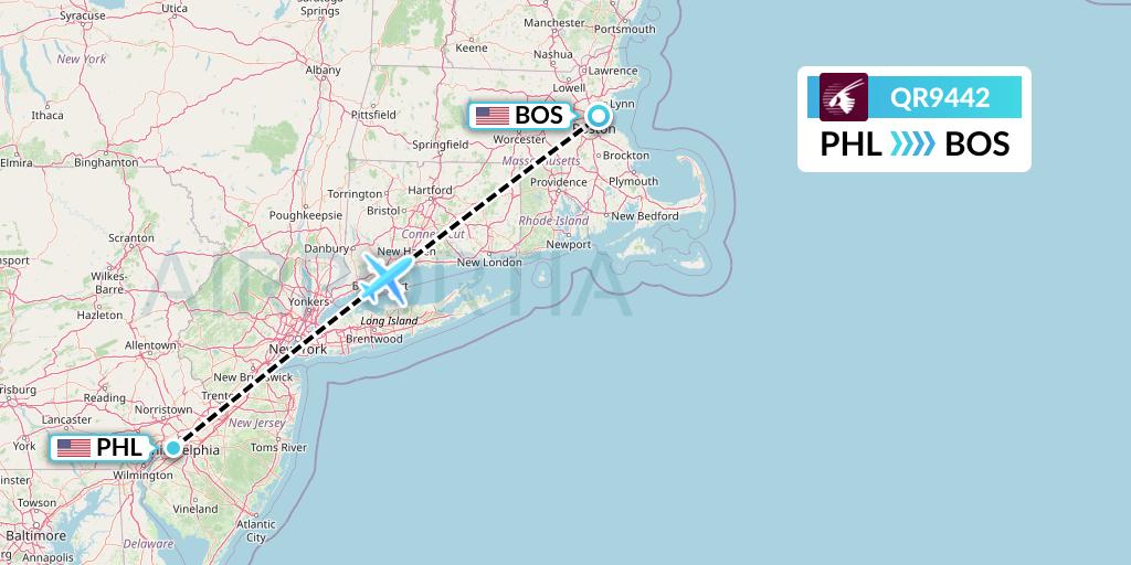QR9442 Qatar Airways Flight Map: Philadelphia to Boston