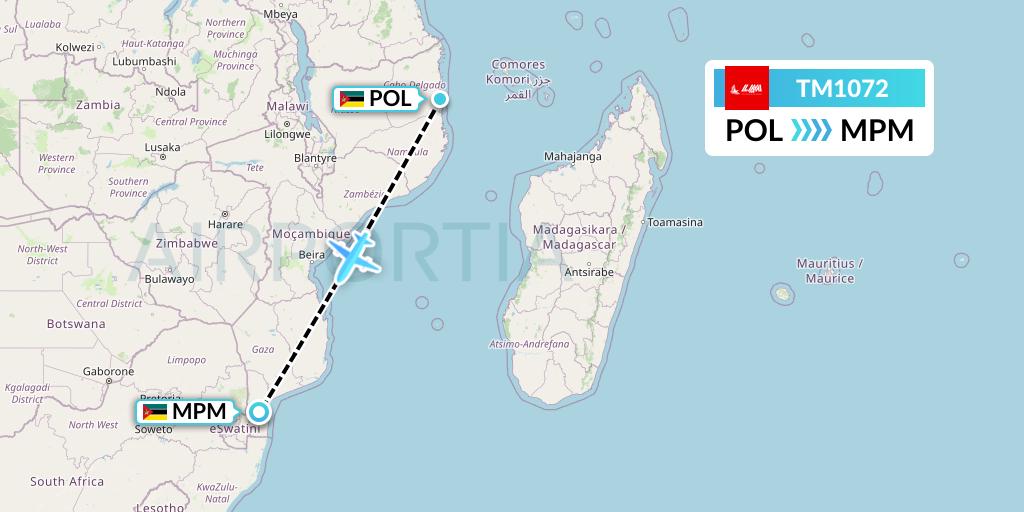 TM1072 LAM Mozambique Airlines Flight Map: Pemba to Maputo