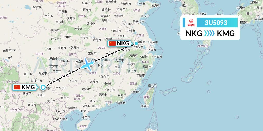 3U5093 Sichuan Airlines Flight Map: Nanjing to Kunming