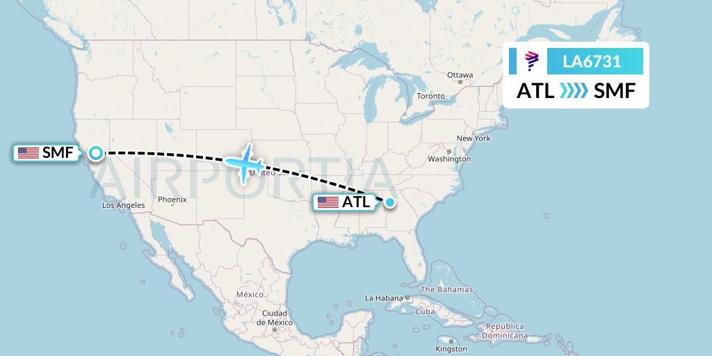 LA6731 LAN Airlines Flight Map: Atlanta to Sacramento