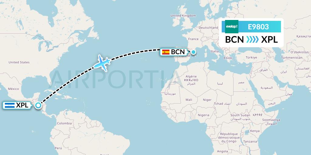 E9803 Evelop Airlines Flight Map: Barcelona to Comayagua