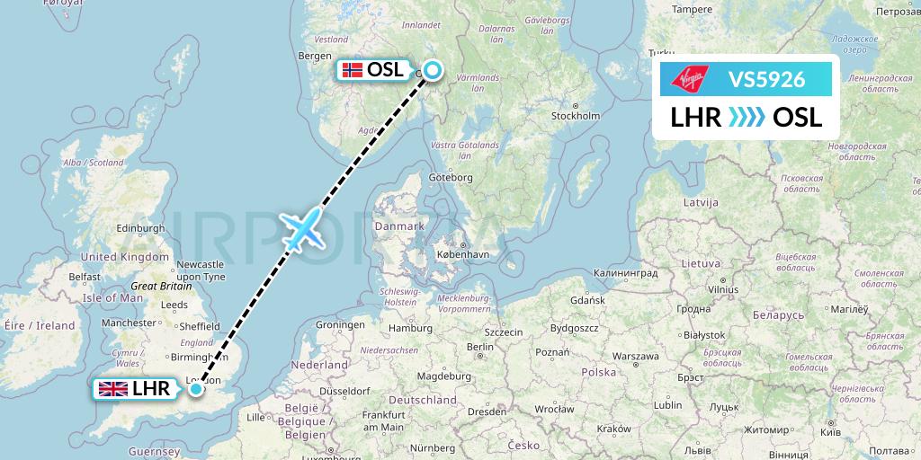 VS5926 Virgin Atlantic Airways Flight Map: London to Oslo