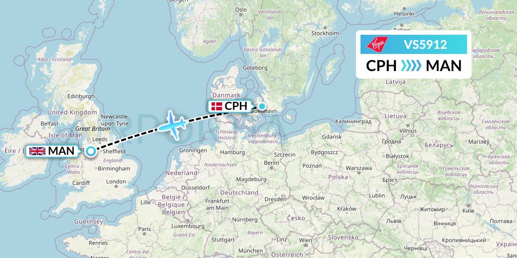VS5912 Virgin Atlantic Airways Flight Map: Copenhagen to Manchester
