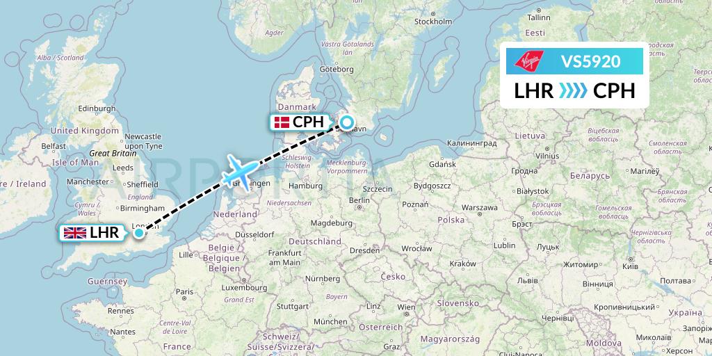 VS5920 Virgin Atlantic Airways Flight Map: London to Copenhagen